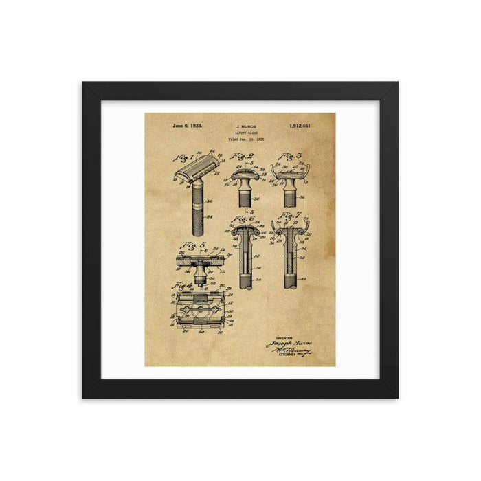 Vintage Early TTO Safety Razor Patent Drawing Framed Print - Phoenix Artisan Accoutrements