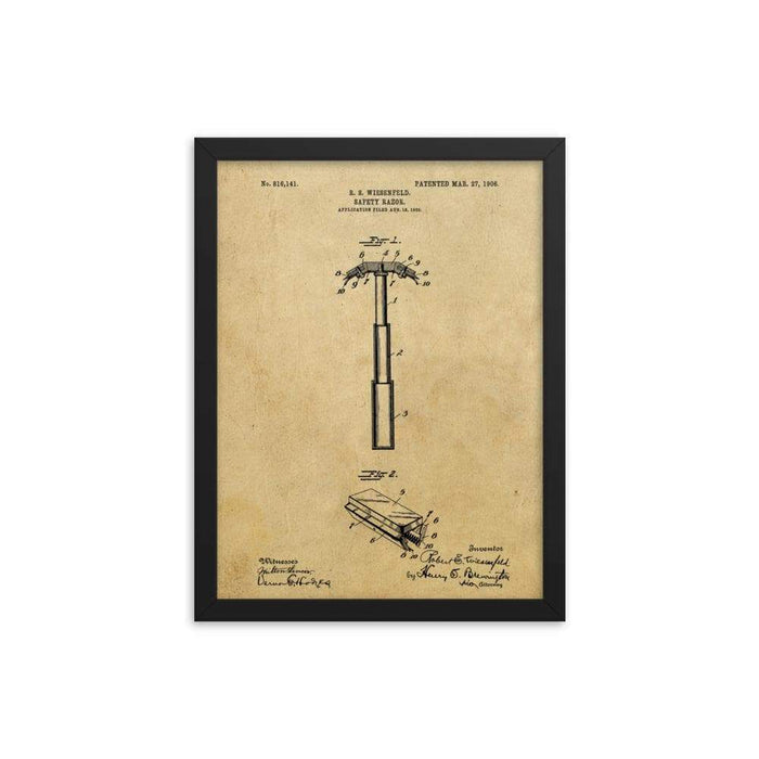 Vintage "Folding Head" Safety Razor Patent Drawing Framed Print - Phoenix Artisan Accoutrements