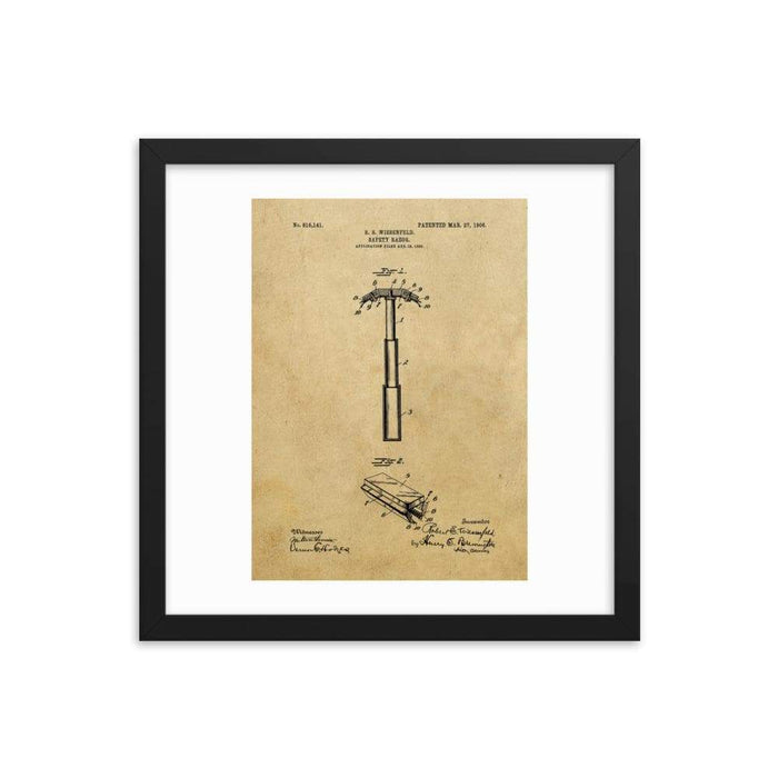 Vintage "Folding Head" Safety Razor Patent Drawing Framed Print - Phoenix Artisan Accoutrements