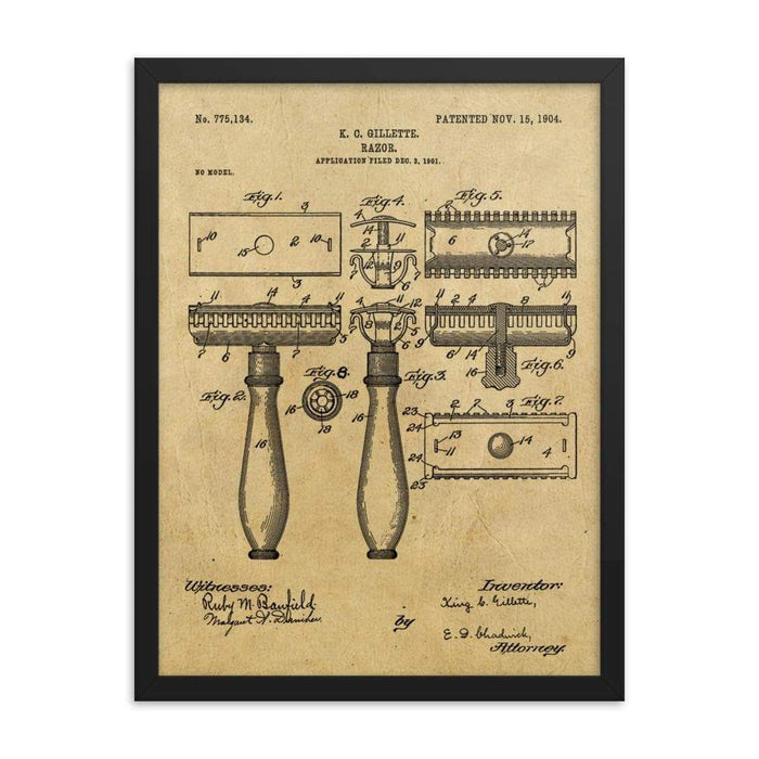 King C Gillette Patent Drawing 1904 Framed Print - Phoenix Artisan Accoutrements