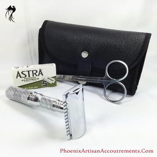 The Agent 4-piece Travel Razor - Executive Edition (Includes Case- Choice Of Open Comb or Straight Bar, Astra Blades and Trimming Scissors) - Phoenix Artisan Accoutrements