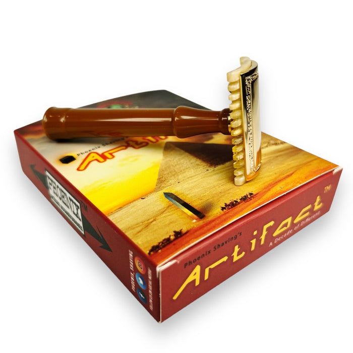 The Artifact Commemorative 10th Anniversary Safety Razor | Bakelite, Brass, 24 Karat Gold - Phoenix Artisan Accoutrements