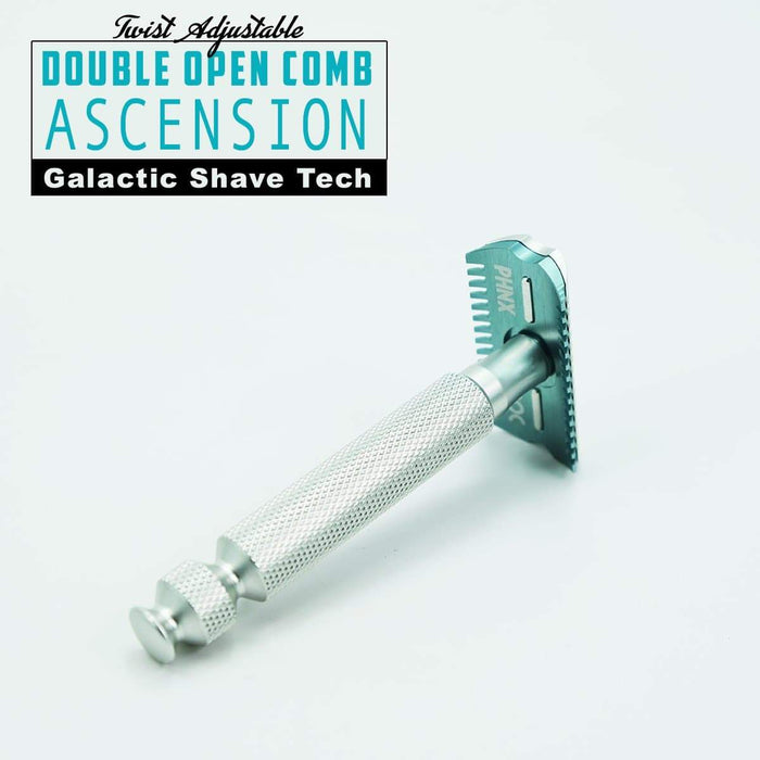 The Ascension Twist-Adjustable Double Open Comb Safety Razor - CNC Machined | 7075 Aluminum | Electric Aqua Base - Phoenix Artisan Accoutrements