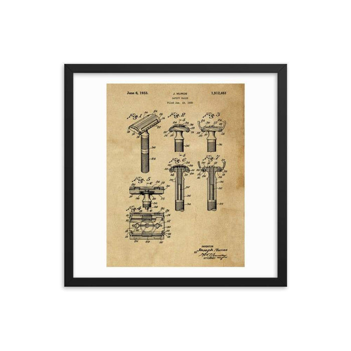 Vintage Early TTO Safety Razor Patent Drawing Framed Print - Phoenix Artisan Accoutrements