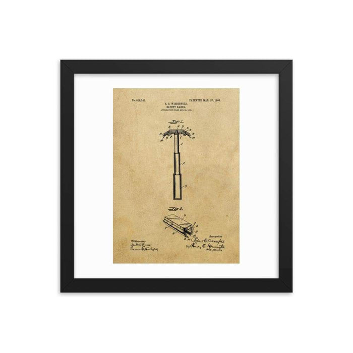 Vintage "Folding Head" Safety Razor Patent Drawing Framed Print - Phoenix Artisan Accoutrements