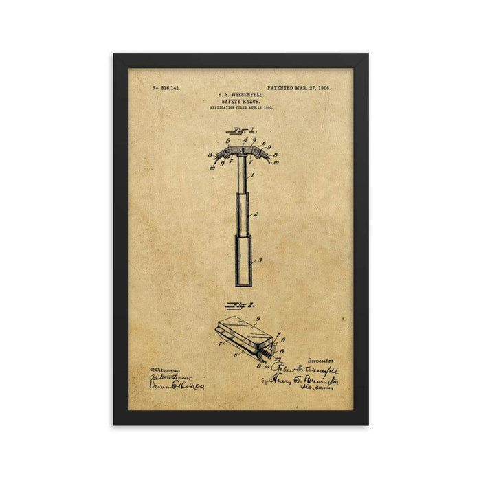 Vintage "Folding Head" Safety Razor Patent Drawing Framed Print - Phoenix Artisan Accoutrements