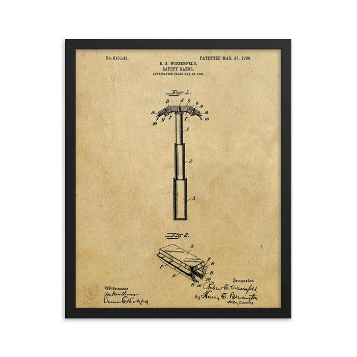 Vintage "Folding Head" Safety Razor Patent Drawing Framed Print - Phoenix Artisan Accoutrements