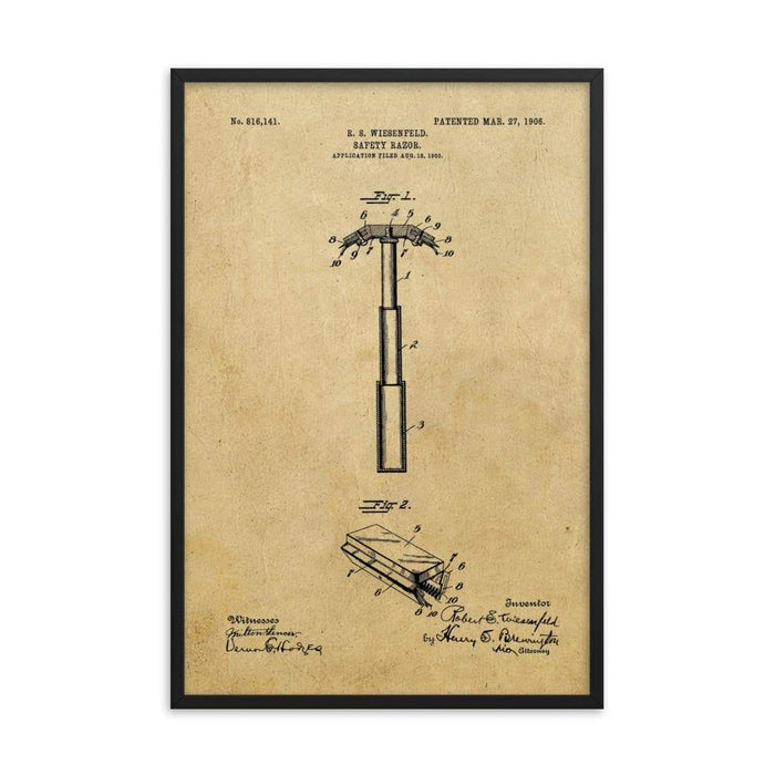 Vintage "Folding Head" Safety Razor Patent Drawing Framed Print - Phoenix Artisan Accoutrements