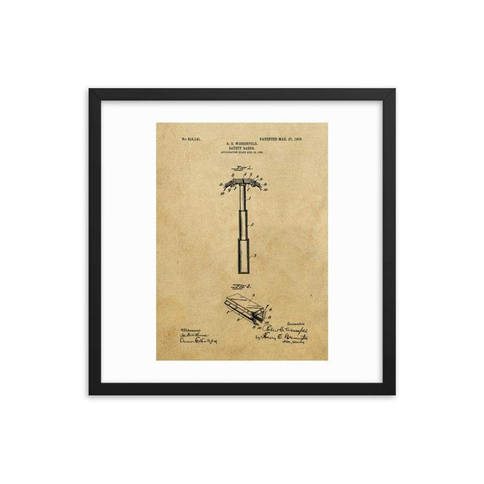 Vintage "Folding Head" Safety Razor Patent Drawing Framed Print - Phoenix Artisan Accoutrements