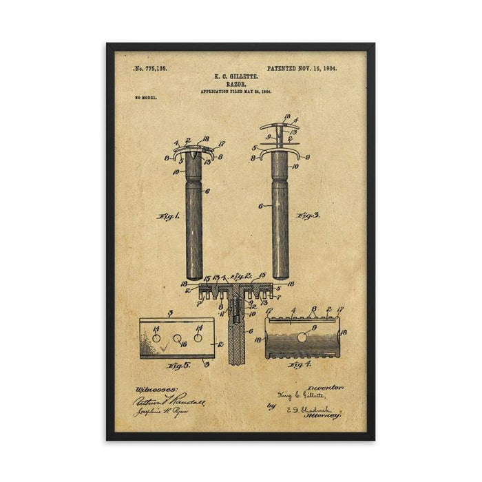 Vintage King C Gillette Patent Drawing 2 - 1904 Framed Print - Phoenix Artisan Accoutrements