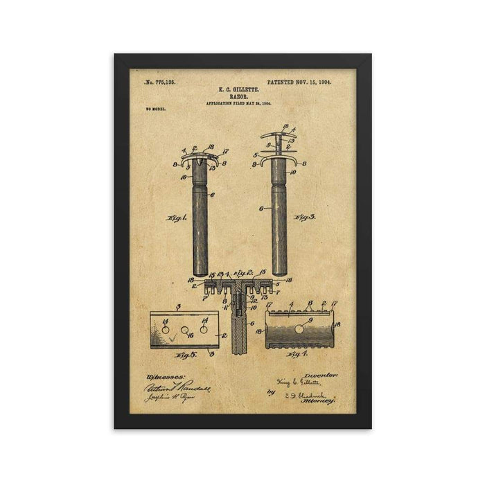 Vintage King C Gillette Patent Drawing 2 - 1904 Framed Print - Phoenix Artisan Accoutrements