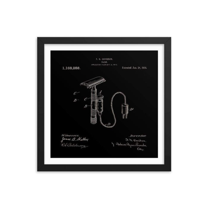 Vintage Davidson Safety Razor Elegant Black Patent Drawing Framed Print - Phoenix Artisan Accoutrements